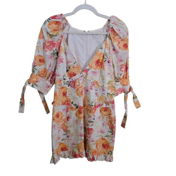 For Love & Lemons Julep Mini Dress Linen Blend Floral Deep V Size M - Picture 2 of 12